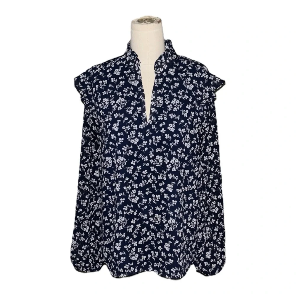 J. Crew Navy Blue Floral V-neck Soft Gauze Blouse Top